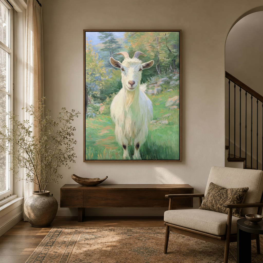 White goat meadow realistic canvas in dark walnut frame displayed in warm neutral modern entryway