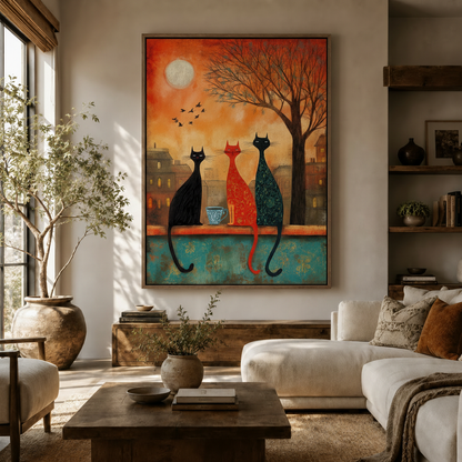 Large three cats moonlit rooftop canvas art in walnut float frame displayed in bright boho living room