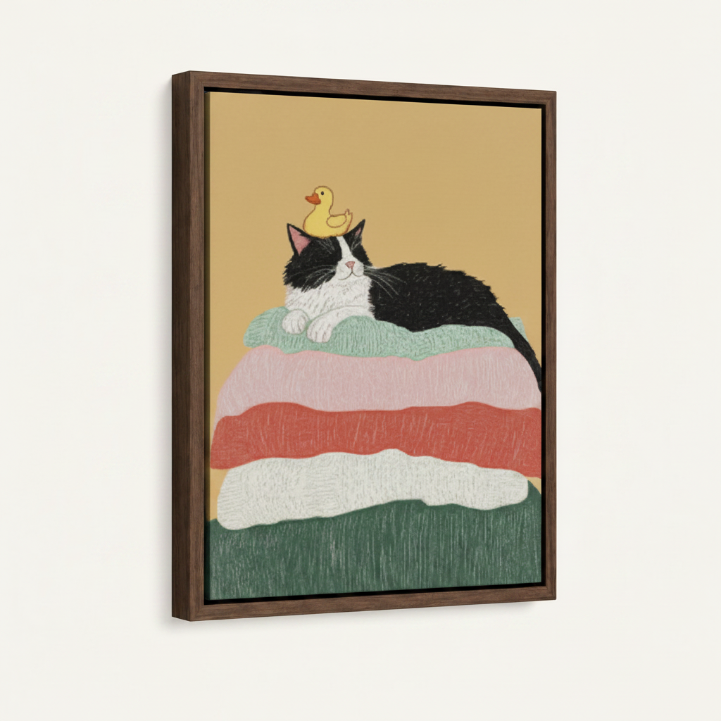Framed tuxedo cat canvas art in dark walnut float frame, front product view on white background