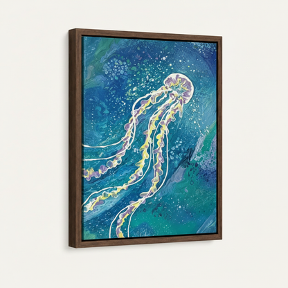 Framed jellyfish canvas painting in dark walnut float frame on white background