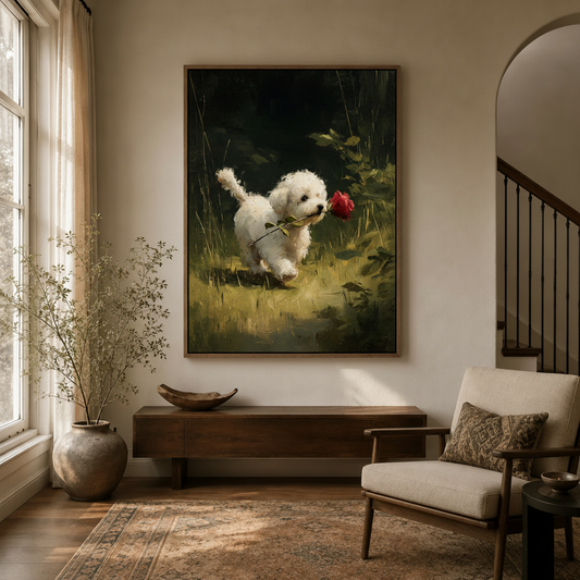 White Bichon Frise puppy red rose classical canvas wall art in elegant entryway dark wood console