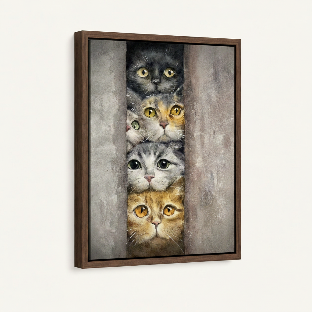 Five stacked cats peeking through gap watercolor canvas print in dark walnut floating frame on white background