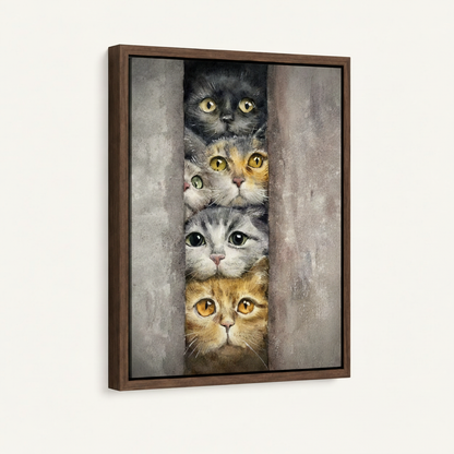 Five stacked cats peeking through gap watercolor canvas print in dark walnut floating frame on white background