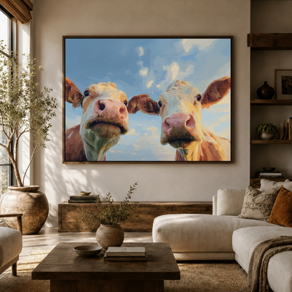 Two curious cows farmhouse impasto canvas wall art above console in bright Japandi living room