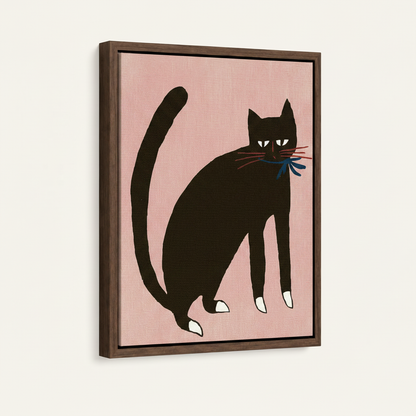 Black cat folk art print in dark walnut float frame, 3D product mockup on off-white background