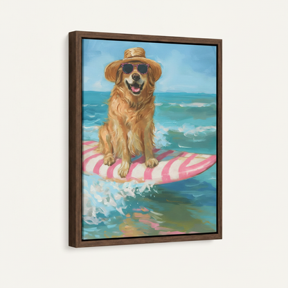 Framed surfing dog canvas art in dark walnut float frame product shot on white background