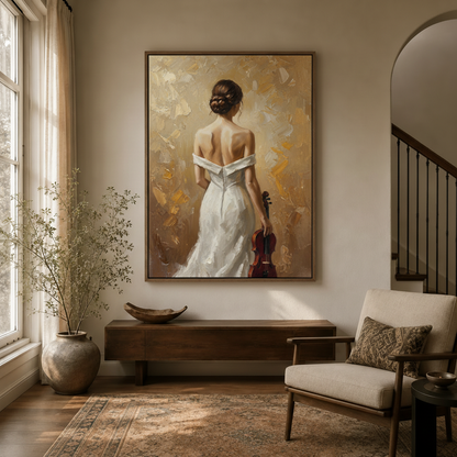 Gold butterfly violin woman canvas displayed above console in bright entryway with Persian rug and arched doorway