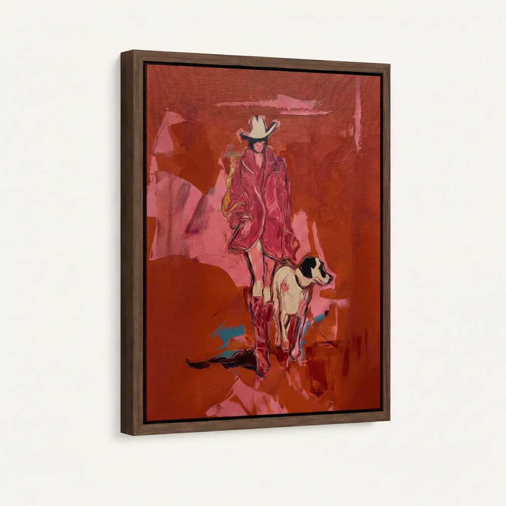 Framed western oil painting canvas with dark walnut float frame on white studio background