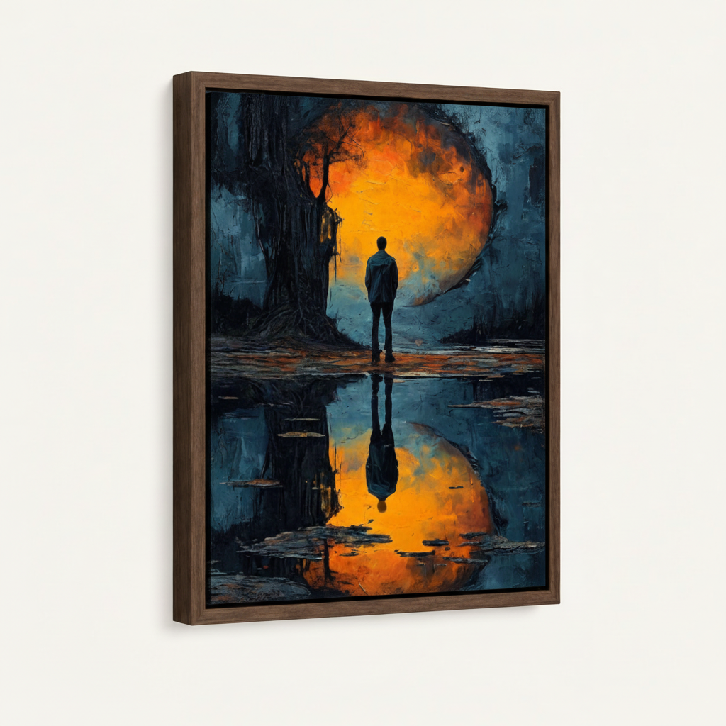 Float-framed surrealist solitude canvas at angle showing dark walnut frame and float gap on off-white background