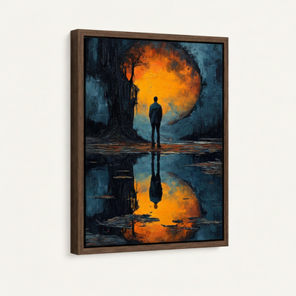 Float-framed surrealist solitude canvas at angle showing dark walnut frame and float gap on off-white background