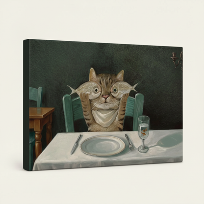 Gallery-wrapped funny cat canvas wall art on white background showing side wrap depth and painting detail