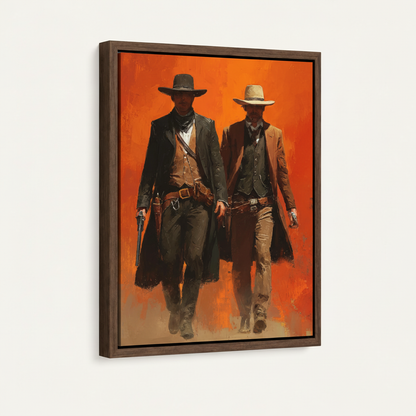 Framed Western frontier painting in dark walnut float frame, studio product photography