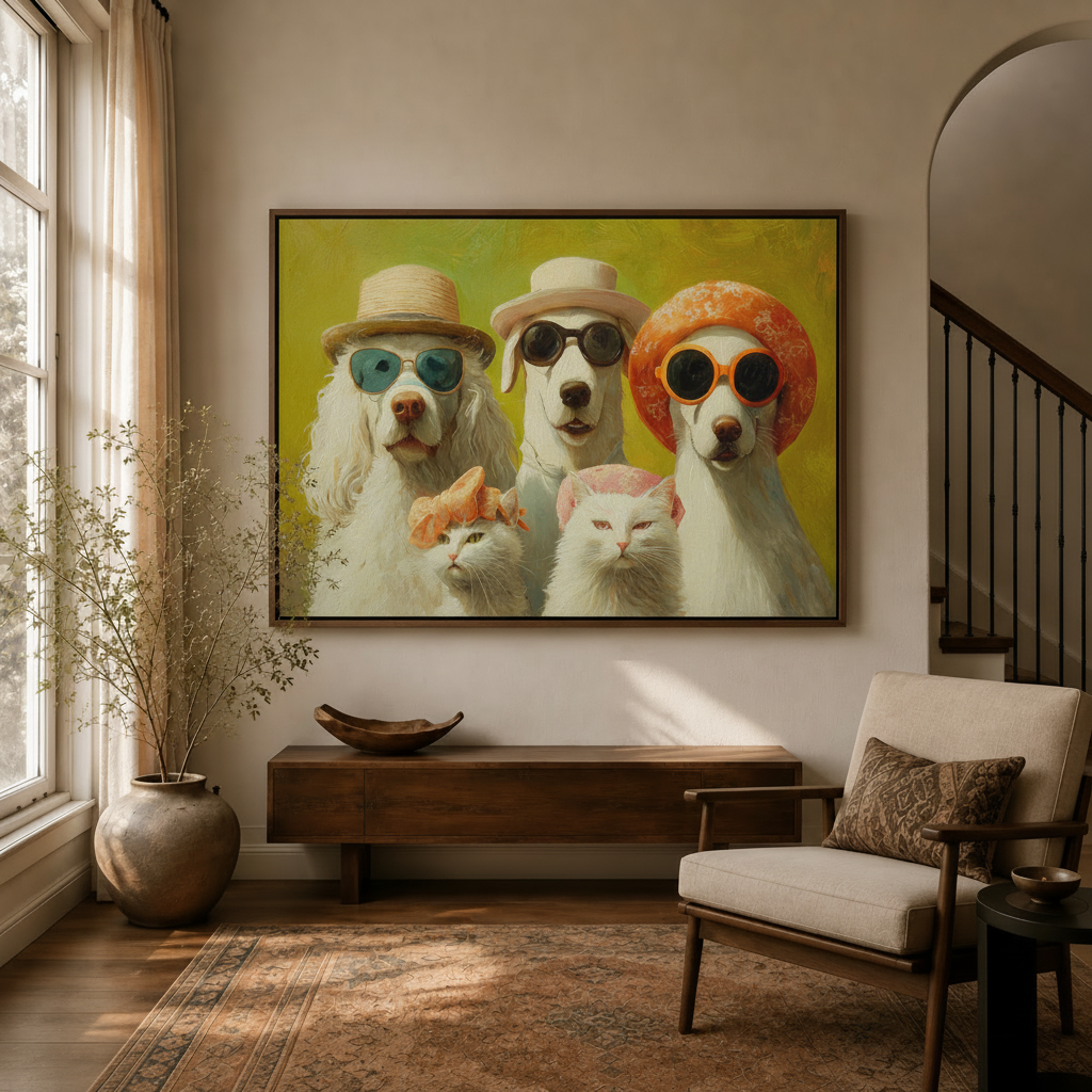 Framed funny dogs and cats family portrait canvas wall art in bright entryway with staircase
