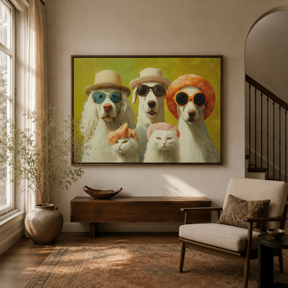 Framed funny dogs and cats family portrait canvas wall art in bright entryway with staircase