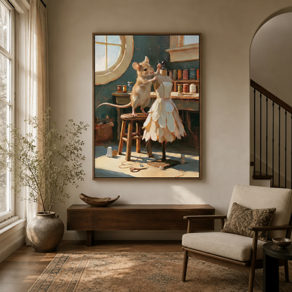 Mouse tailor sewing dress teal workshop canvas in float frame above dark walnut entryway credenza, warm golden tones