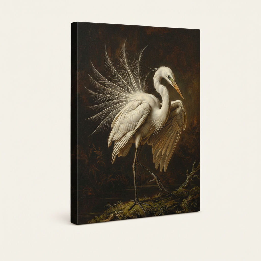 Gallery-wrapped canvas of a classical white egret portrait, side view showing canvas depth, off-white background