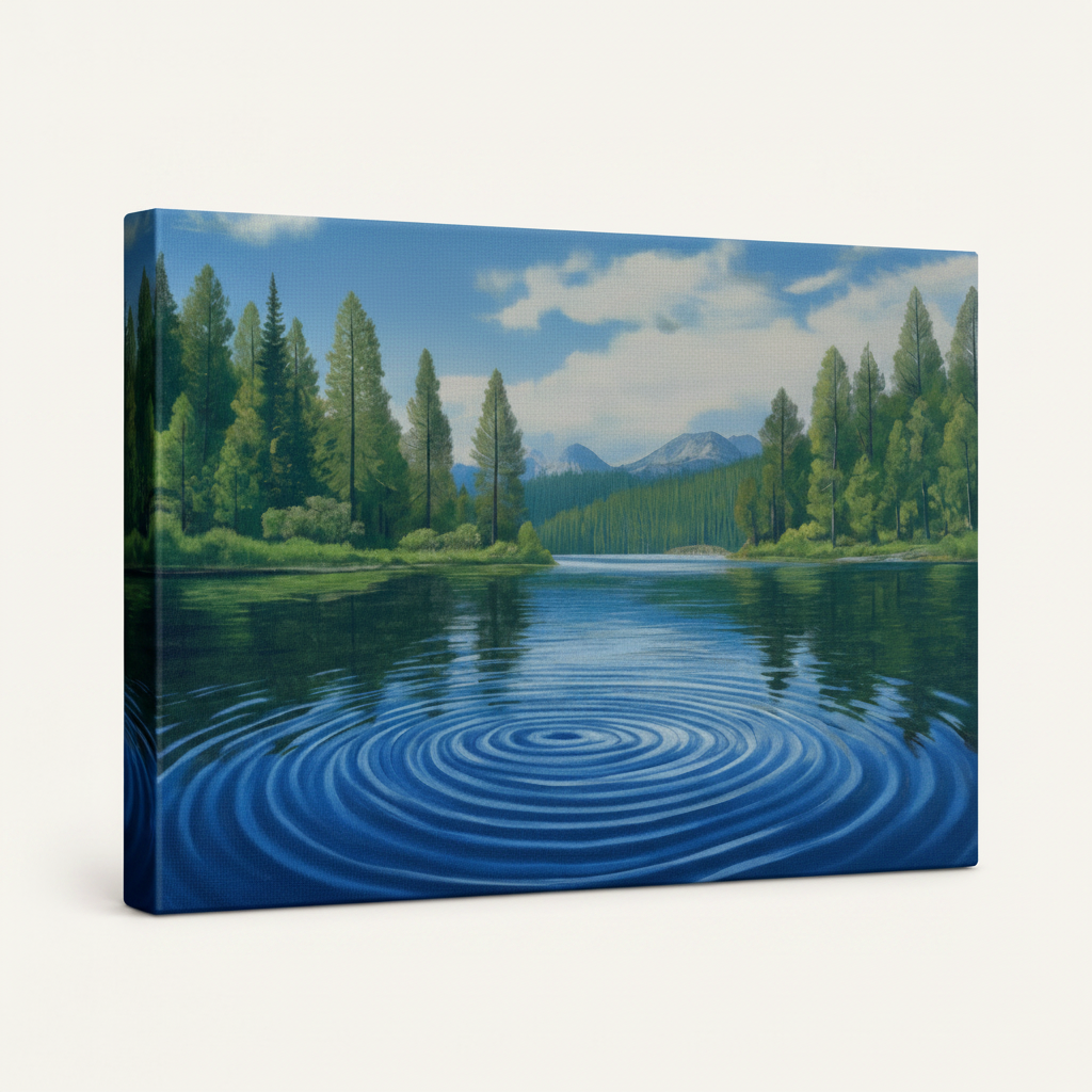 Gallery wrapped canvas featuring serene mountain lake landscape with concentric water ripples, side angle view