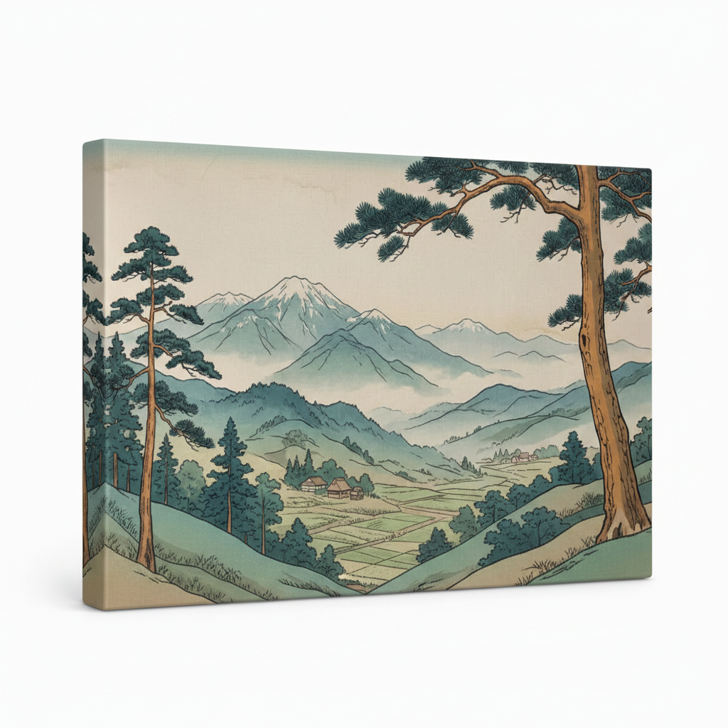 Gallery-wrapped canvas of Japanese ukiyo-e landscape, side angle showing canvas depth and ink linework