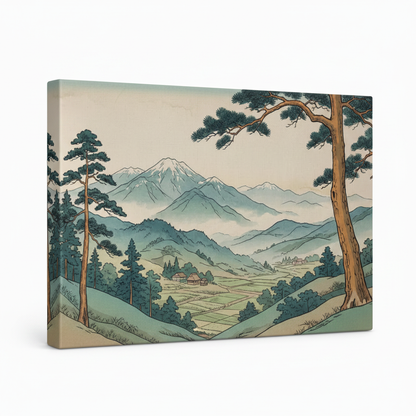Gallery-wrapped canvas of Japanese ukiyo-e landscape, side angle showing canvas depth and ink linework
