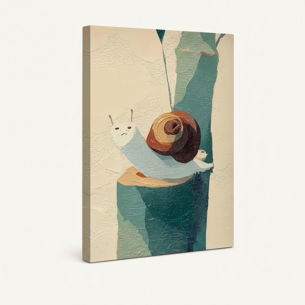 Gallery-wrapped snail canvas art with visible side wrap edges on clean white studio background