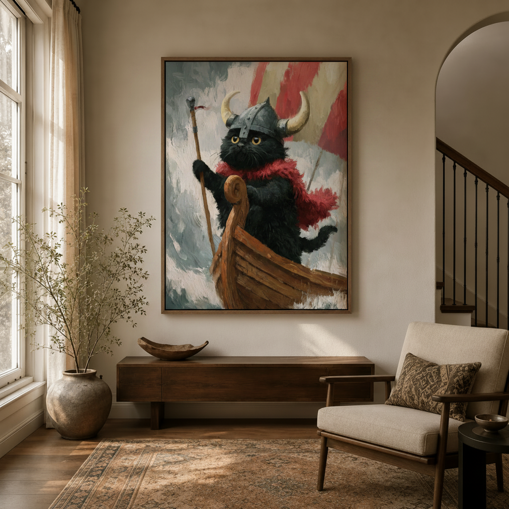 Whimsical Viking cat canvas wall art in modern entryway with arch doorway