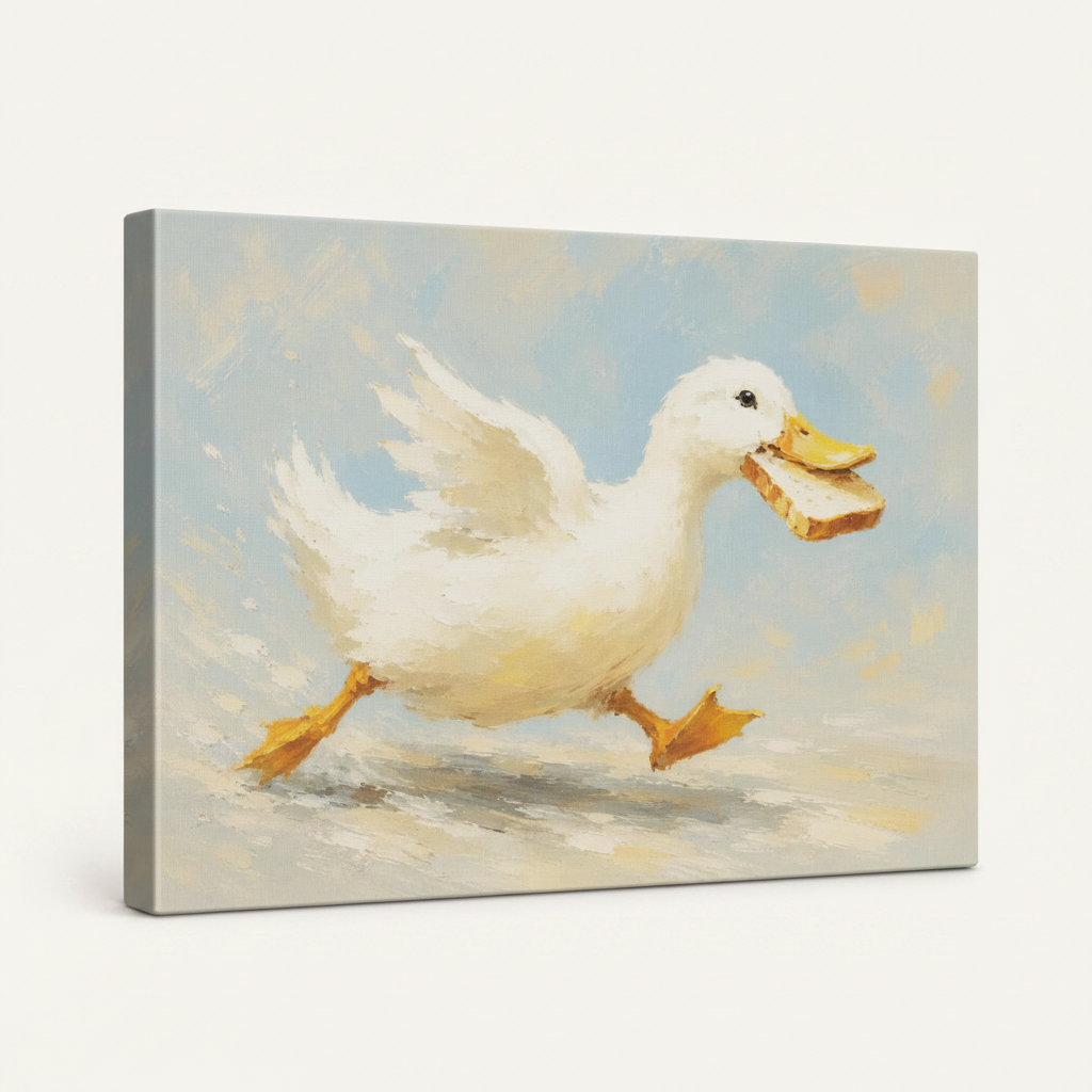 Gallery wrapped duck with bread oil painting canvas print side angle white background