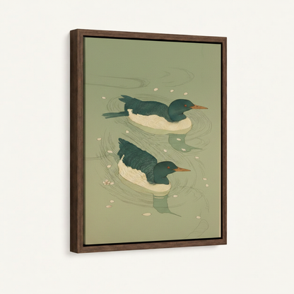 Framed ukiyo-e duck canvas print in dark walnut float frame, front-facing product display