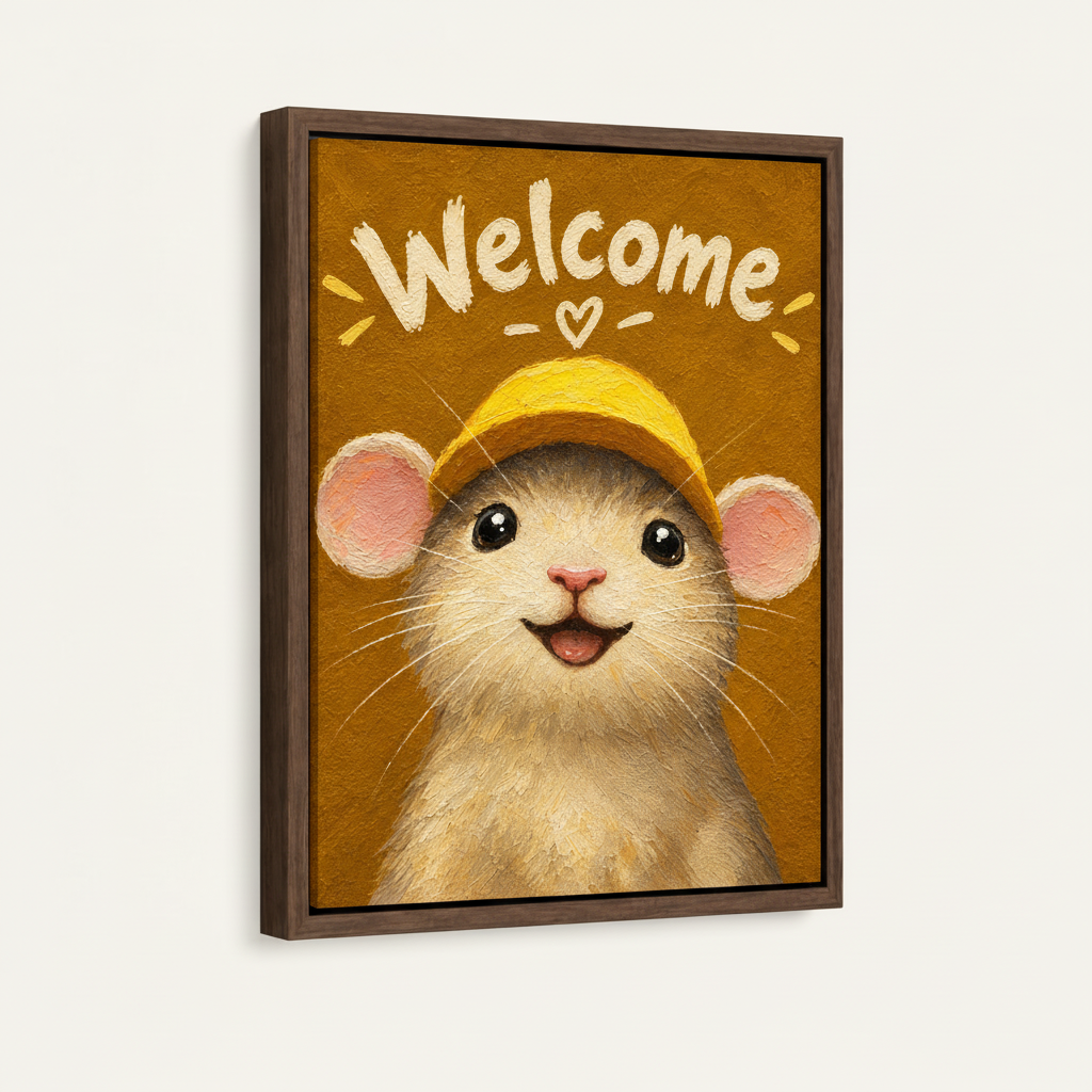 Welcome mouse painting in dark walnut float frame, angled product view on white background