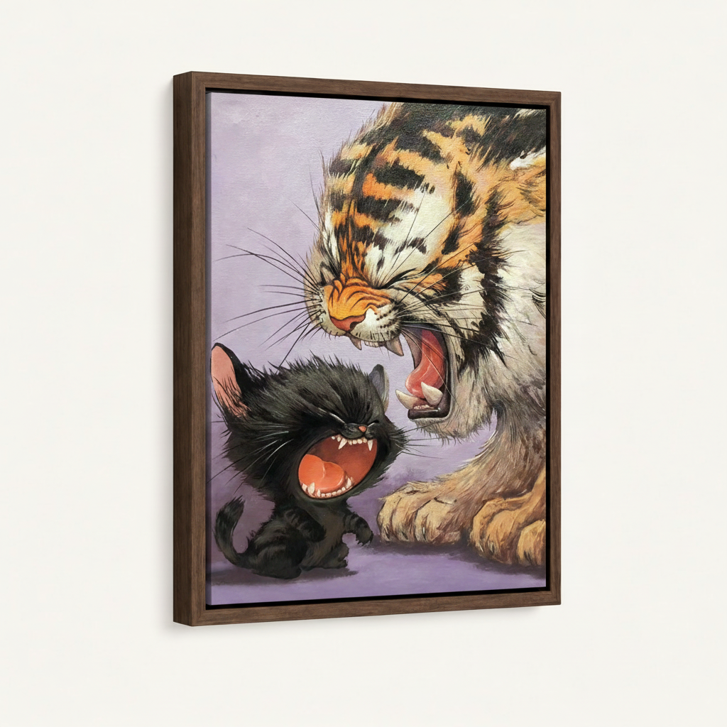 Float-framed whimsical animal canvas print featuring tiger and kitten face-off, dark walnut frame, white background