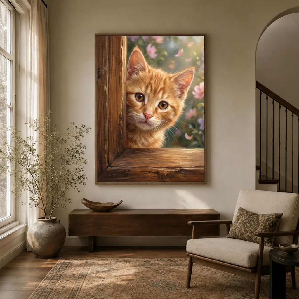Orange tabby kitten spring door floral canvas in float frame above dark walnut entryway credenza, warm golden tones