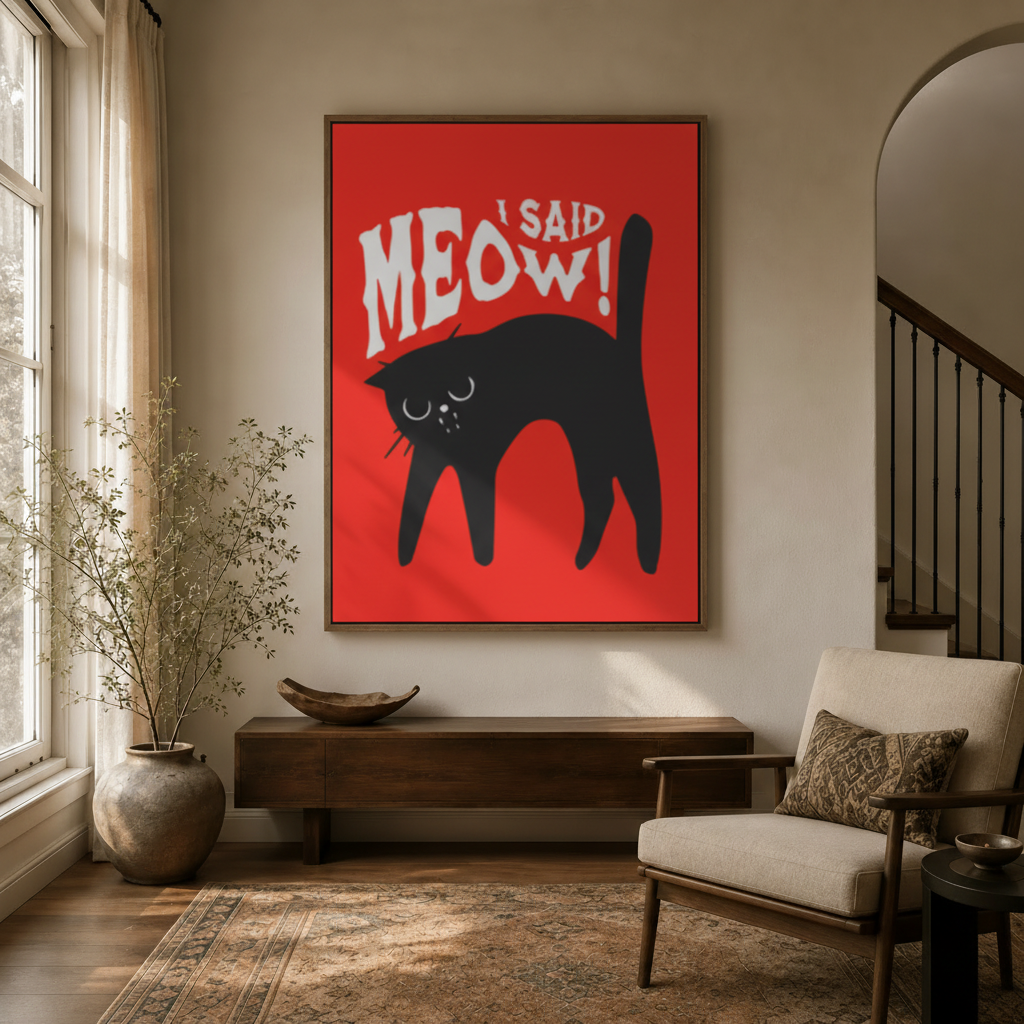 I said meow black cat graphic canvas in walnut frame displayed in bright entryway above console