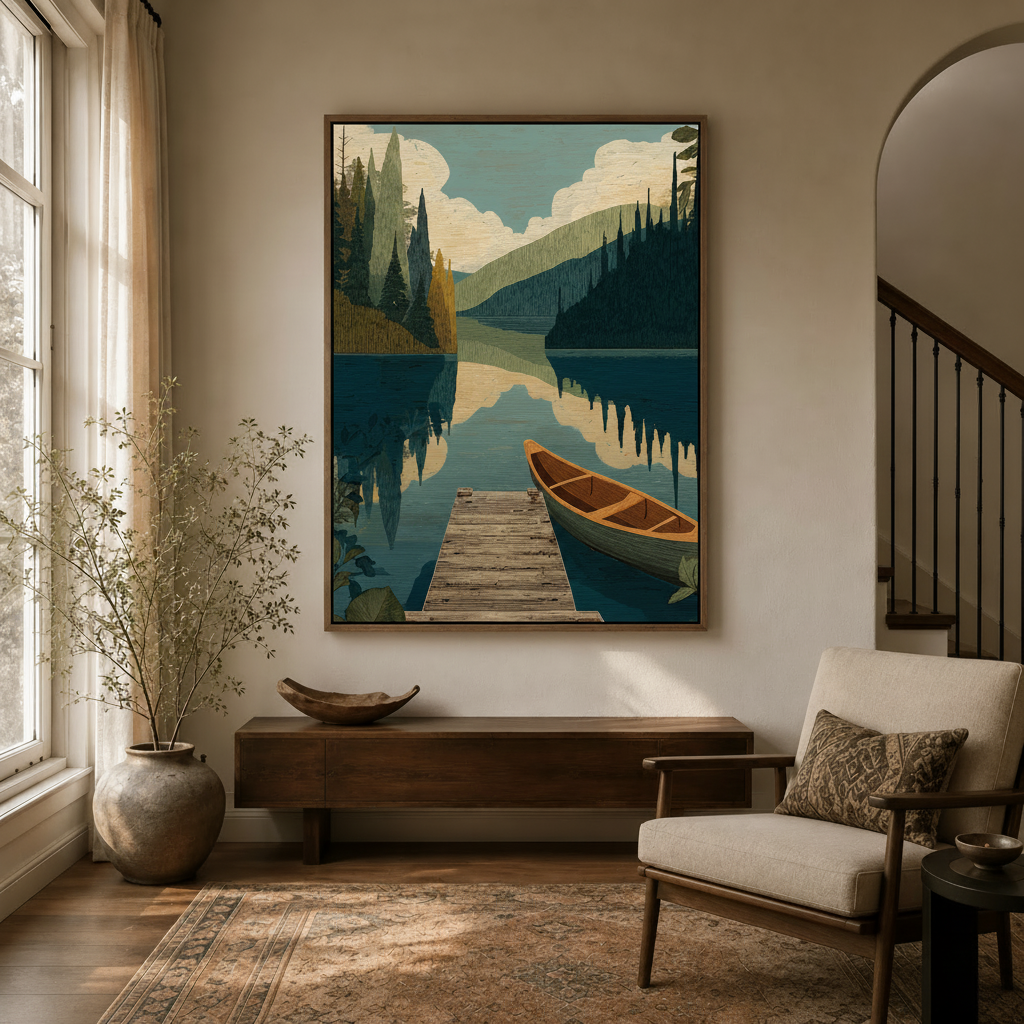 Mountain lake canoe canvas in walnut float frame displayed in entryway above console table