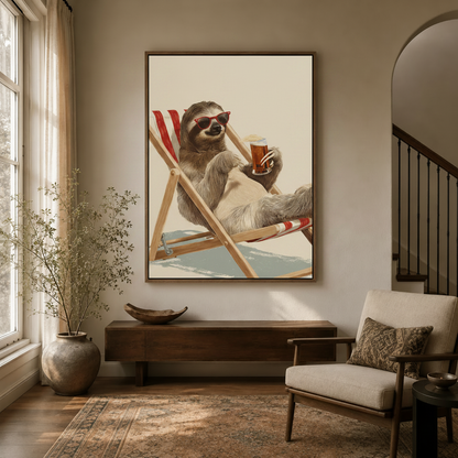 Funny sloth beer wall art displayed in bright entryway above dark console table