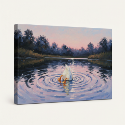 Impressionist duck lake canvas wrap wall art angled product shot on white seamless background