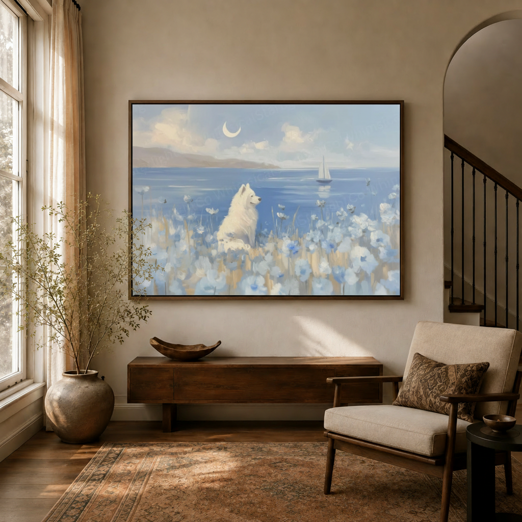 Large framed Samoyed impressionist canvas wall art in modern living space near staircase