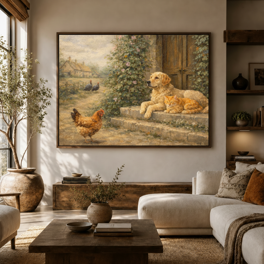  Vintage farmyard animal canvas framed art above sideboard in modern neutral living room with white sofa and olive tree