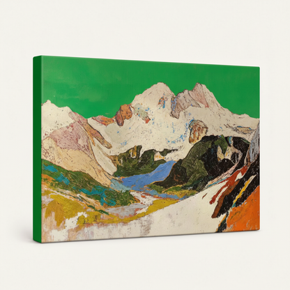 Gallery wrapped mountain landscape canvas print, side angle showing solid green wrapped edges on white background