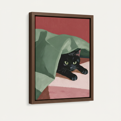 Framed black cat modern painting canvas in dark walnut float frame white background product photo