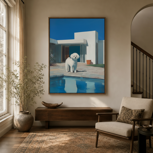 White dog blue pool modernist house canvas displayed in bright entryway foyer with arched doorway and armchair