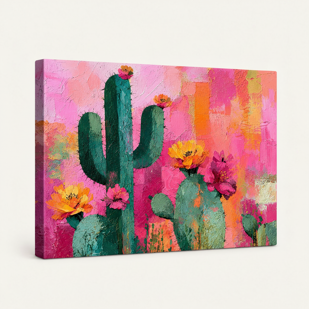 Gallery-wrapped pink cactus canvas featuring bold impasto texture and blooming desert plants