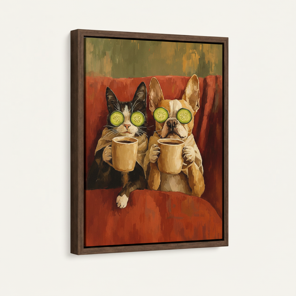 Framed funny cat dog canvas art in dark walnut float frame shown in three-quarter product view