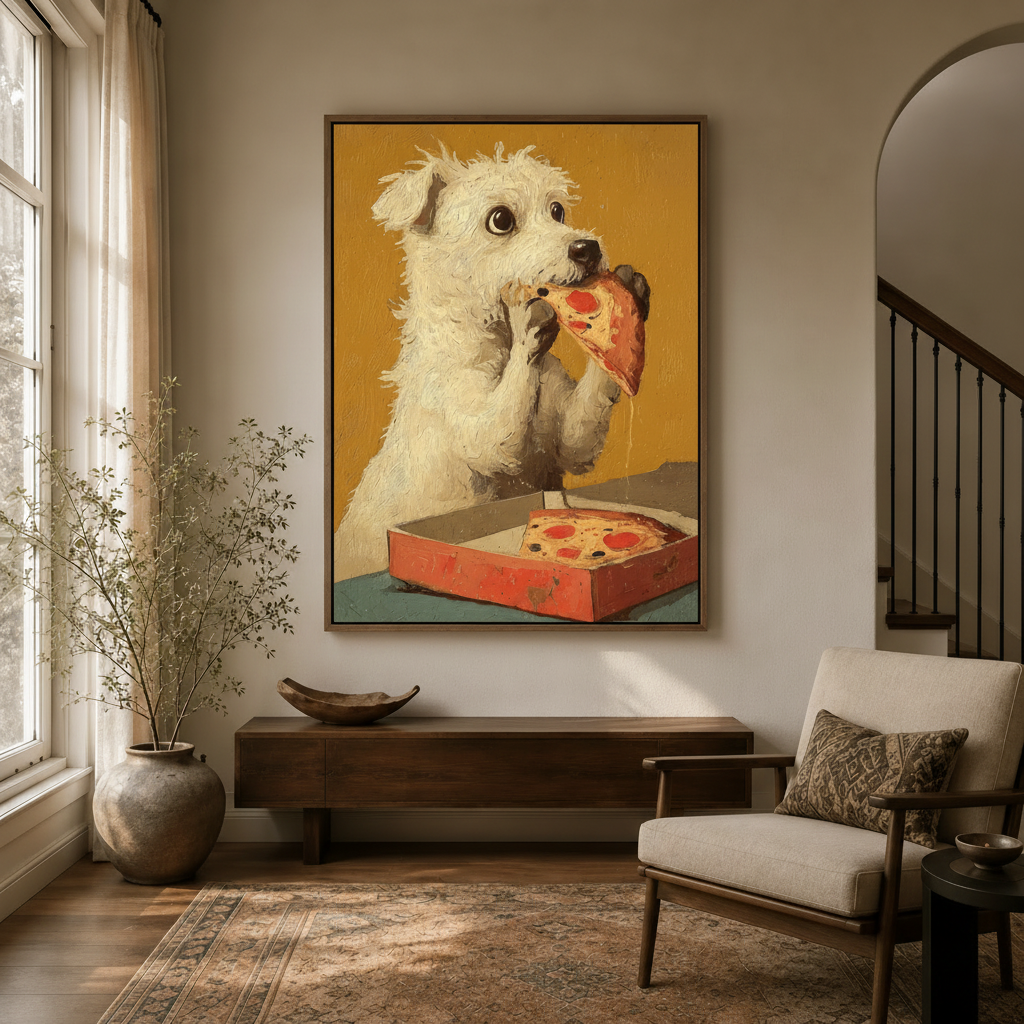 Funny white dog pizza canvas wall art in walnut frame displayed in bright modern entryway