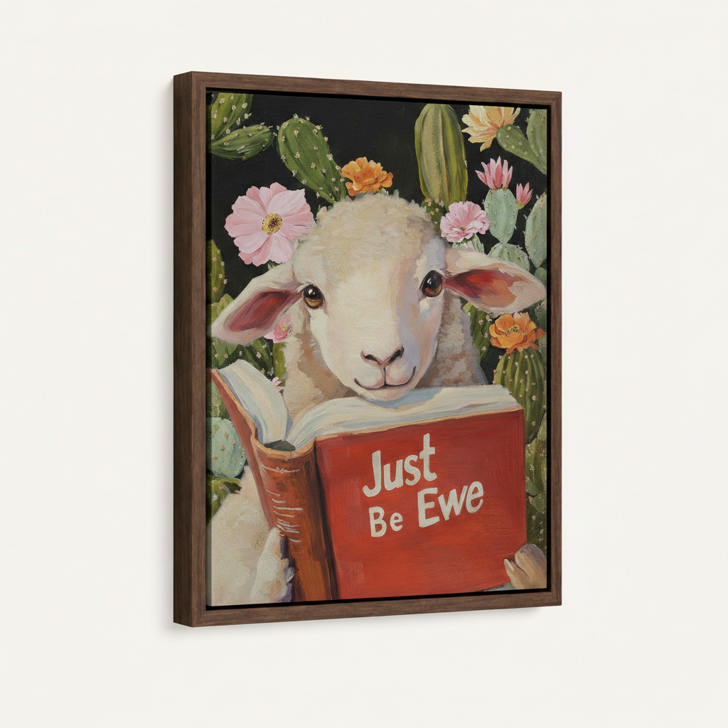  Framed Just Be Ewe lamb canvas in dark walnut float frame, 3/4 product view