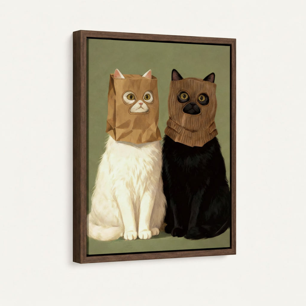 Framed canvas art print of masked cats in dark walnut wood frame, 3/4 product view
