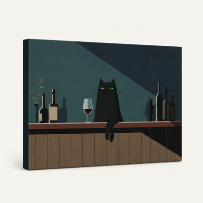 Gallery wrapped black cat bar illustration canvas showing teal painted side wrap edges on white background