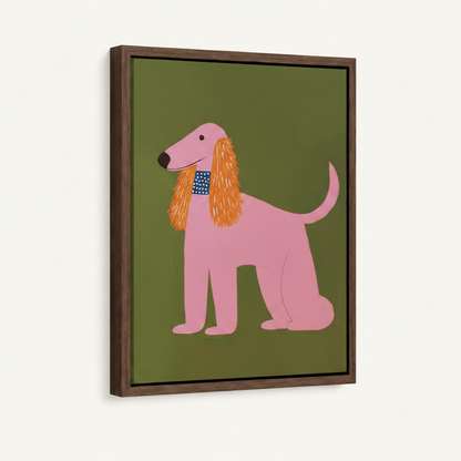 Framed pink Afghan Hound canvas print angled product view showing dark walnut float frame depth