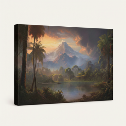 Gallery-wrapped tropical jungle volcano canvas, side-angle view showing canvas wrap edges on warm grey background