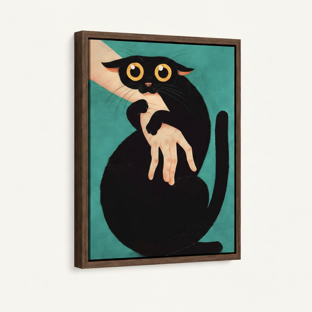 Framed funny black cat illustration in dark walnut float frame, front-facing product display
