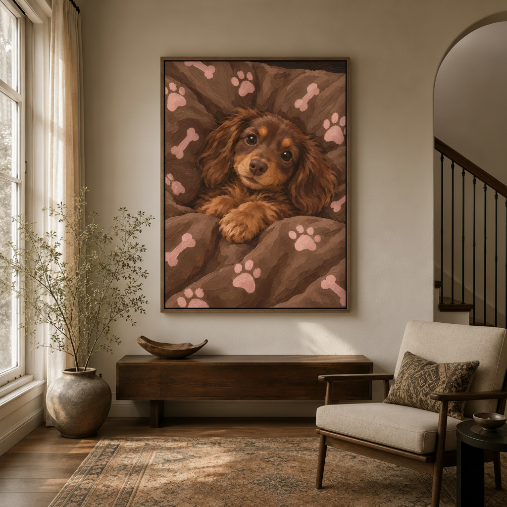 Reddish spaniel puppy cozy portrait canvas in walnut frame displayed in bright entryway above console