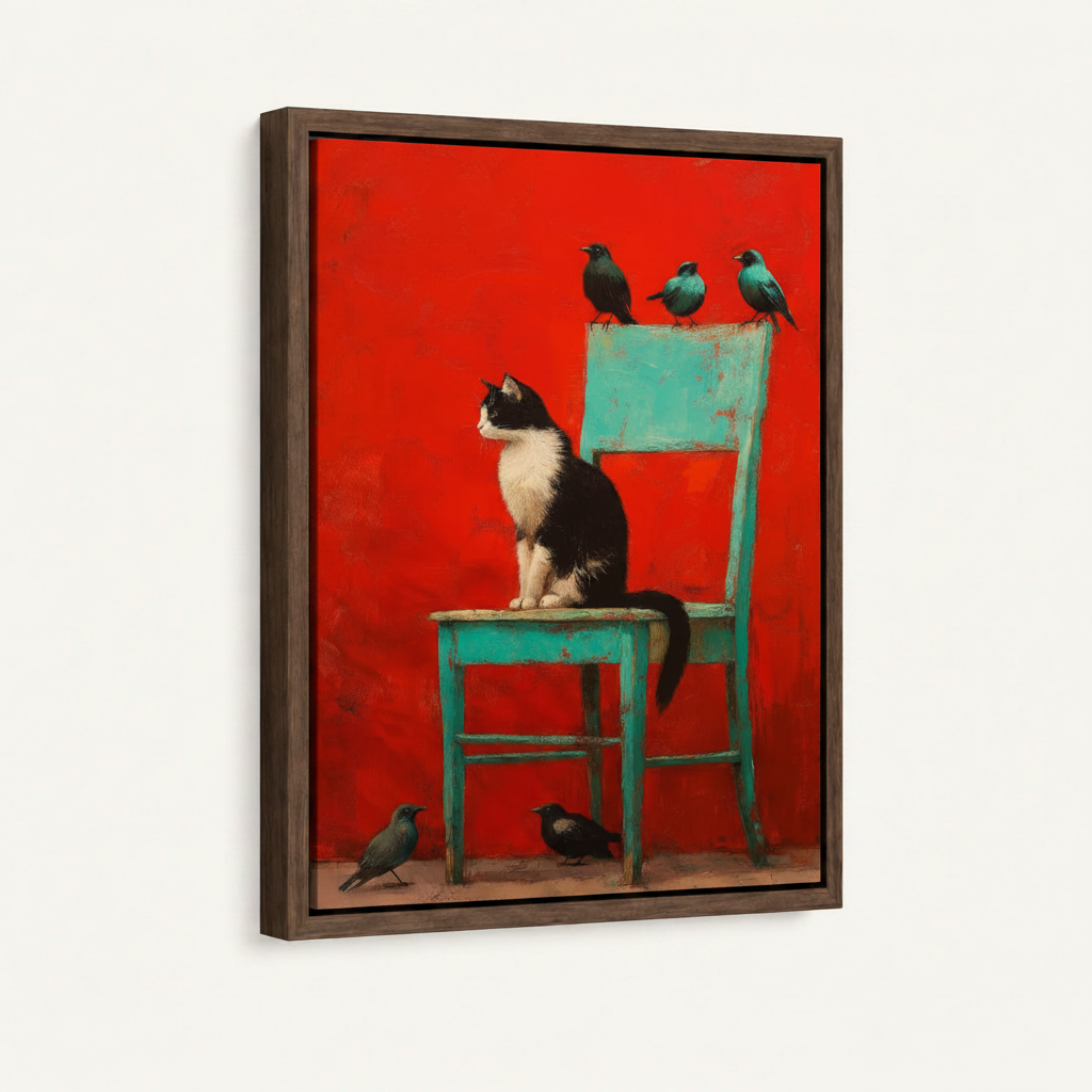 Float-framed bold folk art cat canvas print in dark walnut frame on white background
